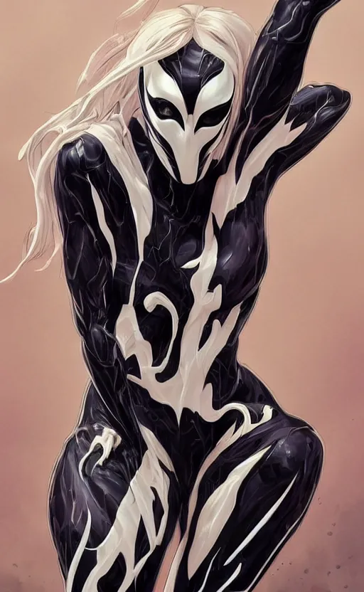 Prompt: gwenom, highly detailed, digital painting, artstation, standing, facing camera, concept art, smooth, sharp focus, illustration, art by artgerm and alphonse mucha, high definition digital art, dramatic lighting, in the style of ilya kuvshinov and Ross tran