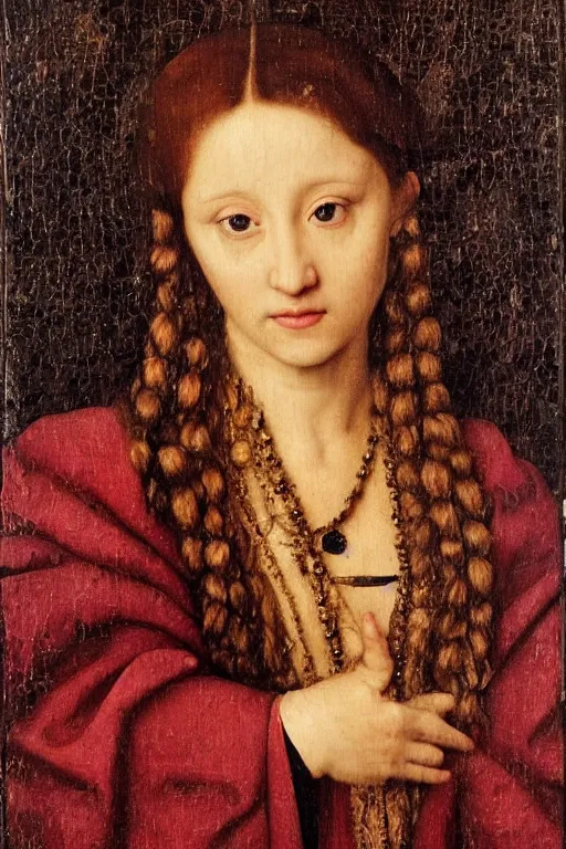 Image similar to portrait of ariana grande oil painting by jan van eyck, northern renaissance art, oil on canvas, wet - on - wet technique, realistic, expressive emotions, intricate textures, illusionistic detail