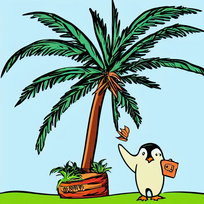 Prompt: penguin with a palm tree growing on its head, cartoon style