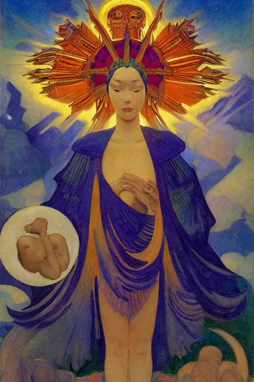 Image similar to queen of the sun and moon and stars by Nicholas Roerich and Annie Swynnerton and Diego Rivera and jean delville, dramatic cinematic lighting , ornate headdress , flowing robes, sacred artifacts, lost civilizations, smooth, sharp focus, extremely detailed