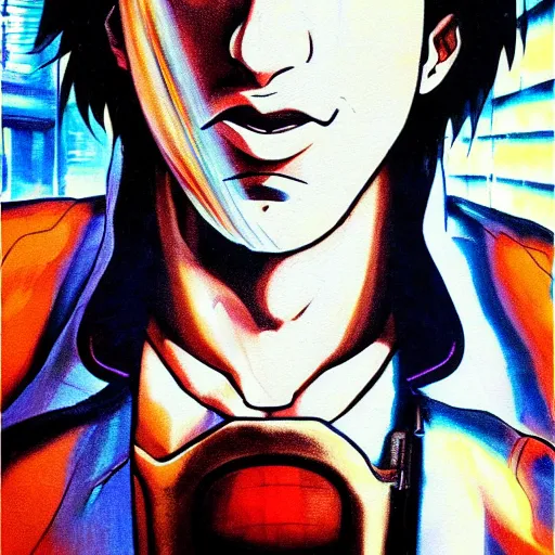 Image similar to beautiful amazing anime portrait painting of nicholas cage in tokyo. neon lights. by hayao miyazaki, katsuhiro otomo, akira toriyama, satoshi kon, eiichiro oda, hideaki anno