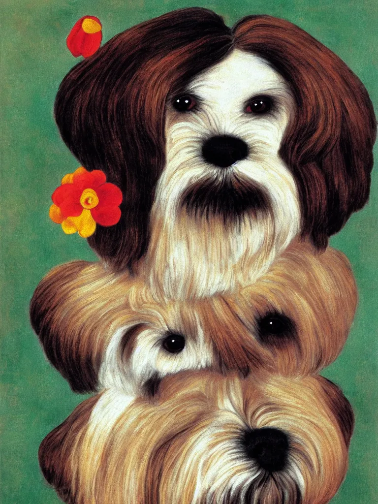 Prompt: portrait of a cream colored havanese dog as with a unibrow, surreal background, by frida kahlo