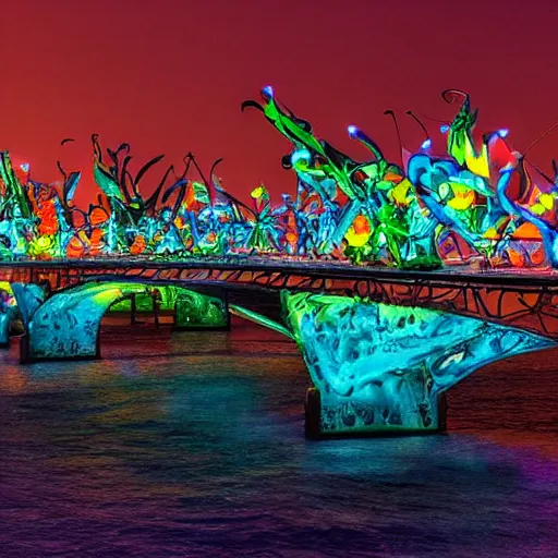 Image similar to vivid, robust by skottie young, by elena paraskeva. a kinetic sculpture of a group of flying islands, each with its own unique landscape, floating in the night sky. the islands are connected by a network of bridges. a small group of people can be seen walking along one of the bridges.