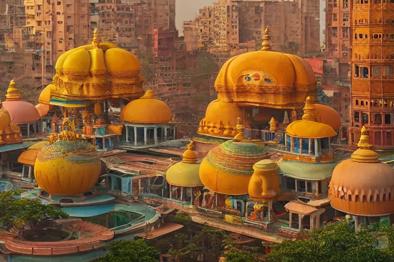 Image similar to high quality dreamscape! biomorphic new delhi, hanuman!! head building, kalighat, octane highly detailed, cinematic smooth, stephen shore & john j. park, soft morning light, wide shot, high angle, uhd 8 k, deep focus