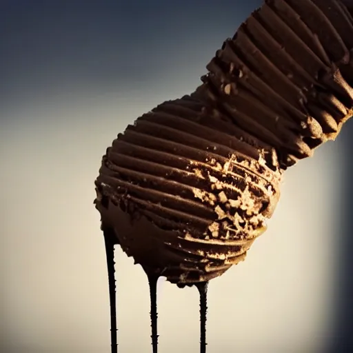 Prompt: detailed photograph of a chocolate ice cream cone becoming a hairy brown recluse spider body at the bottom. dramatic, golden light. realistic photograph. delicious. hairy. chocolatey. spidery.