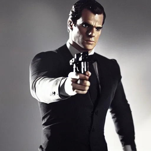 Image similar to henry cavill in goldeneye as james bond posing with pistol, promotional poster