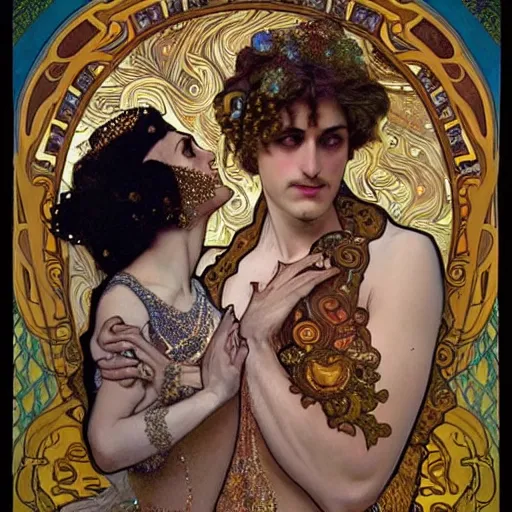 Prompt: realistic detailed dramatic symmetrical portrait of David and Dalida as Salome dancing, wearing an elaborate jeweled gown, by Alphonse Mucha and Gustav Klimt, gilded details, intricate spirals, coiled realistic serpents, Neo-Gothic, gothic, Art Nouveau, ornate medieval religious icon, long dark flowing hair spreading around her