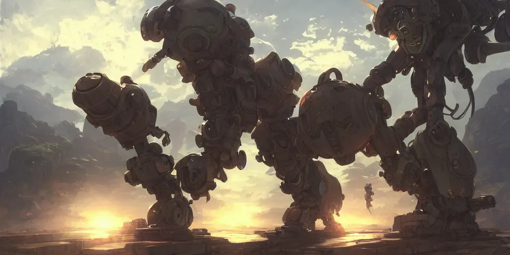 Image similar to robot mech with a soldier cobtrolling it from made in abyss by akihito tsukushi, backlight, centered rim lighting, deep focus, d & d, fantasy, intricate, elegant, highly detailed, digital painting, artstation, concept art, matte, sharp focus, illustration, hearthstone, art by artgerm and greg rutkowski and alphonse mucha