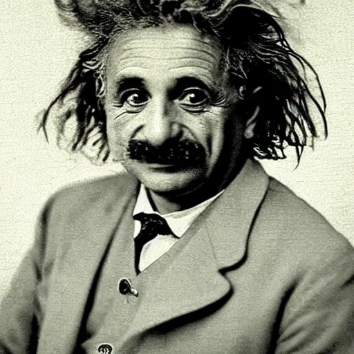 Image similar to an old ((somewhat mildewed)) funeral home director of Italian descent with a halo of unkempt hair (Einstein's hairc cut, somewhat bent over, bearing a large mad grin, the minor god of illuminations and epiphanies (((mad scientist)))