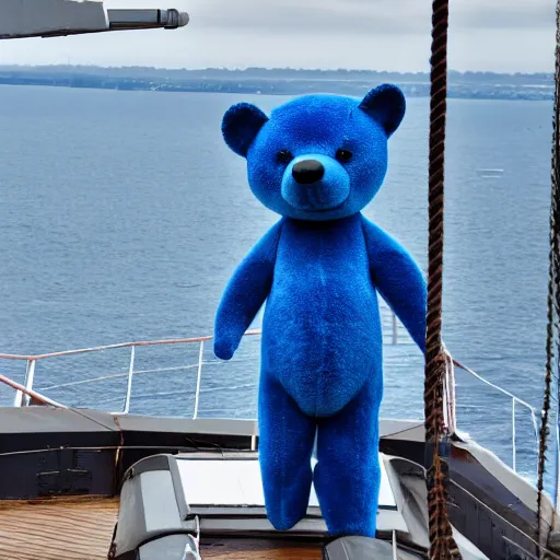 Prompt: blue bear standing on a warship