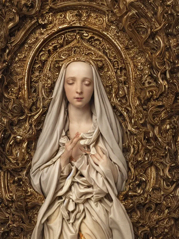Prompt: a beautiful render of baroque catholic veiled Virgin sculpture with symmetry intricate detailed,by Nekro and peter gric and aaron horkey and Billelis,Trending on artstation,ZBrush,fractalism,maximalism,glittering,Ligne Claire,gold,ivory,copper verdigris,hyperreal