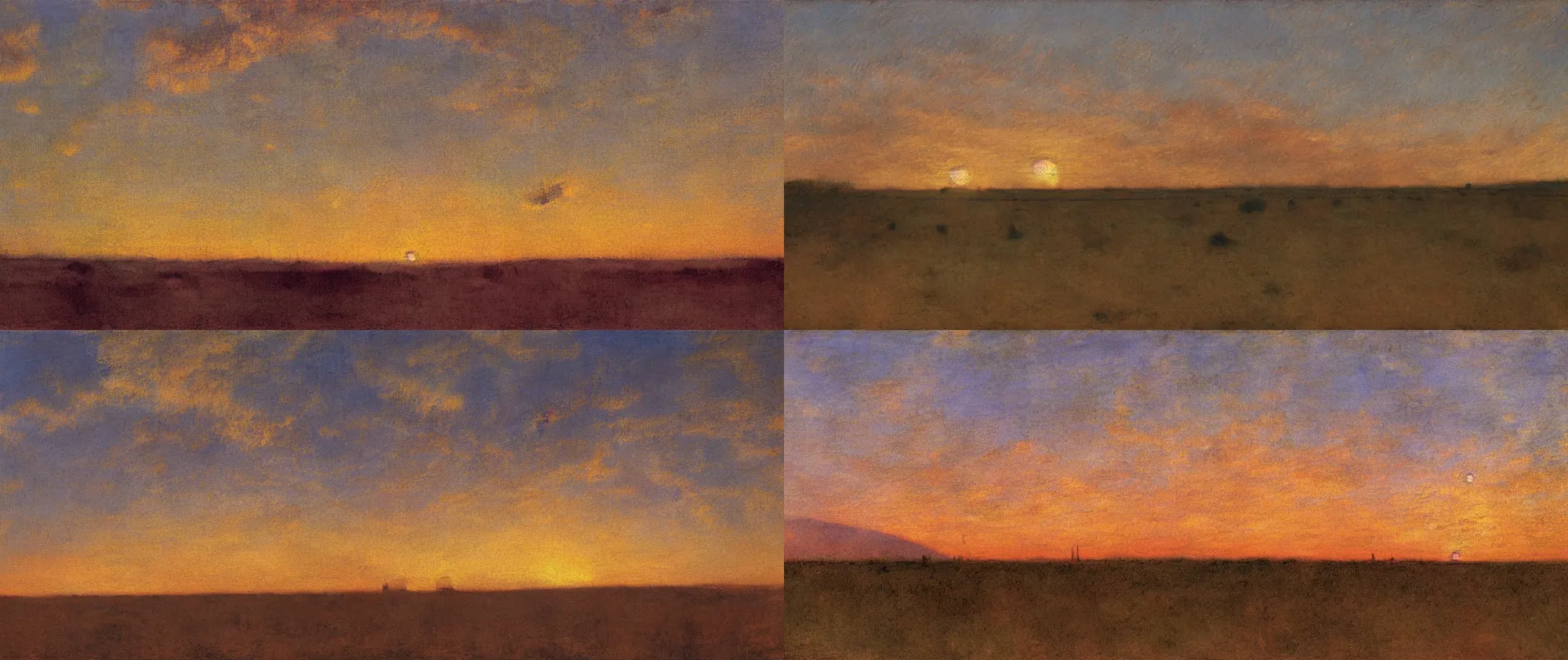 Prompt: epic sunset, sole smoke rising straightly in distance, in boundless desert, volumetric lighting, highly detailed, oil painting, by edgar degas