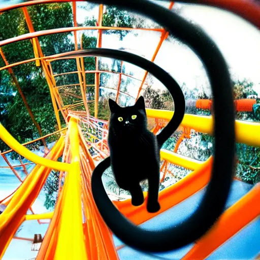 Image similar to happy black cat on a rollercoaster looping. focus on the cat. sunlight. polaroid photo. vivid colors.