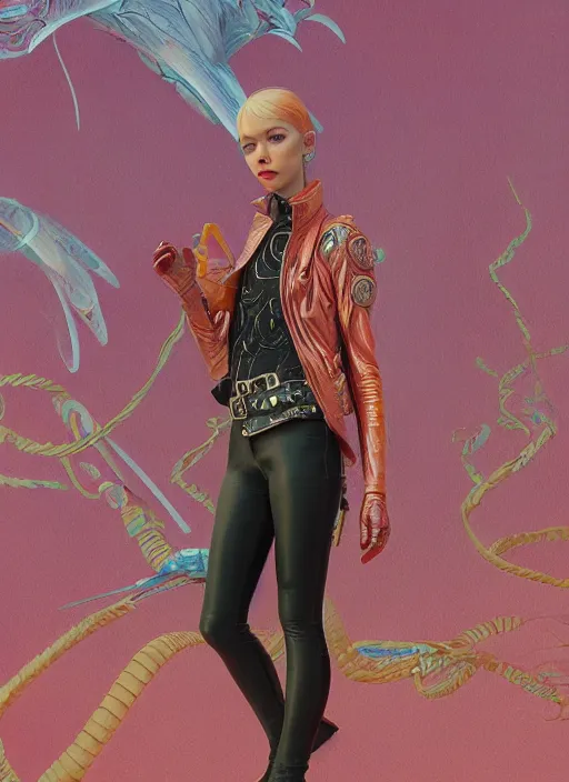 Image similar to skintight leather jacket : : by martine johanna and simon stalenhag and chie yoshii and casey weldon and wlop : : ornate, dynamic, particulate, rich colors, intricate, elegant, highly detailed, centered, artstation, smooth, sharp focus, octane render, 3 d