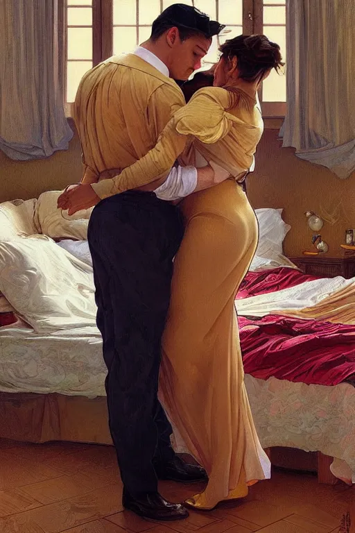 Image similar to portrait of a man in dhl uniform hugging his wife in a bed, feelings, romantic, fantasy, intricate, elegant, highly detailed, digital painting, artstation, concept art, smooth, sharp focus, illustration, art by artgerm and greg rutkowski and alphonse mucha