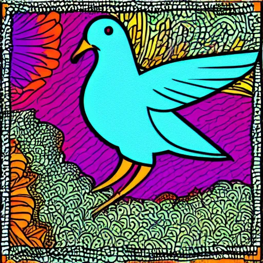 Prompt: illustration of dove inside an ear, palette of primaries, flat colors, flat linework, grainy filter, stippling, psychodelic