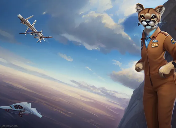 Image similar to character portrait feature of the anthro female anthropomorphic puma bobcat mountain lion fursona wearing airline pilot outfit uniform professional pilot for delta airlines character design stylized by charlie bowater, ross tran, artgerm, and makoto shinkai, detailed, soft lighting, rendered in octane, peru in background