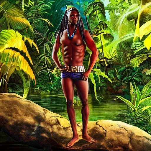 Image similar to black young man, one legged, fit, with red hood, yellow eyes, smoking a pipe, rastafari hair, red shorts, bare foot, Amazon rainforest background, crescent moon, river, art by artgerm, photo realistic, magical aura, cool pose