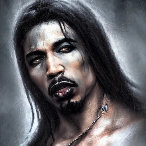 Prompt: 2 pac as a vampire, darkwave, darksynth, concept headshot art, sharp, digital matte painting, art by luis royo, greg rutkowski, wlop, dramatic lighting, trending on artstation