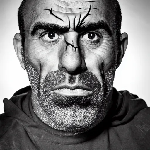 Image similar to Photo portrait Joe Rogan as a wax neanderthal cave man exaggerated brow stoic savage in frozen in ice face closeup background dramatic lighting 85mm lens by Steve McCurry