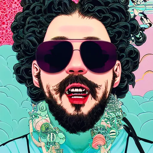 Prompt: portrait of crazy post malone with vaporwave sunglasses, symmetrical, by yoichi hatakenaka, masamune shirow, josan gonzales and dan mumford, ayami kojima, takato yamamoto, barclay shaw, karol bak, yukito kishiro