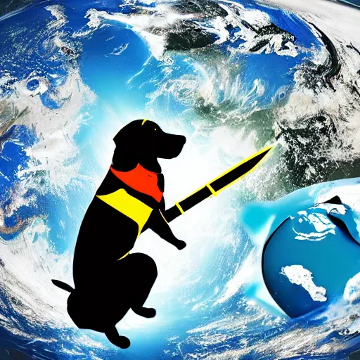 Image similar to dog destroying earth with a sword