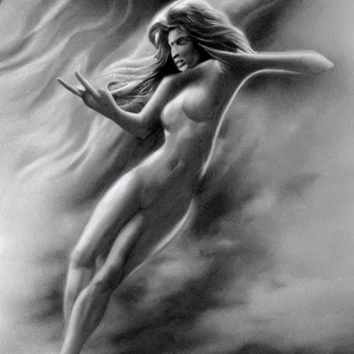Image similar to rhiannon rings like a bell through the night and wouldn't you love to love her? takes to the sky like a bird in flight and who will be her lover? all your life you've never seen woman taken by the wind would you stay if she promised you heaven? will you ever win?, inspired by boris vallejo
