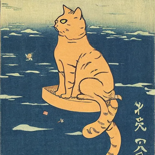 Prompt: a cat sitting on a rocketship headed for the moon made of cheese, by hokusai and george bellows