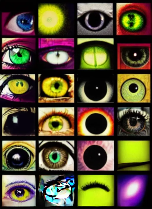 Image similar to grid montage of cube shaped eyes, square shaped black dilated pupils, cube shaped irises, detailed colored textures, eyelashes, advanced art, art styles mix, from wikipedia, wet reflections in square eyes, sunshine light, hd macro photograph, from side, various eyelid positions, square black pupil centered