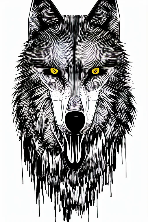 Image similar to Psychotic crisis portrait of a wolf head. pen sketch on white paper, simple black lines, lineart