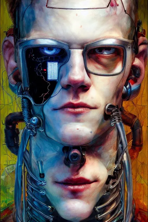 Image similar to cameron monaghan as a cyberpunk hacker, wires cybernetic implants, by esao andrews, jenny saville, james jean