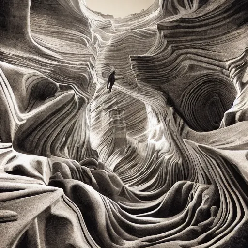 Prompt: four dimensional optical illusion, mind blowing geometry, tanner wash and antelope canyon, carved sandstone, by m. c. escher with bev doolittle and alex grey, neon high contrast cinematic light, mystical shadows, sharp focus, divine realm of gods, octane render