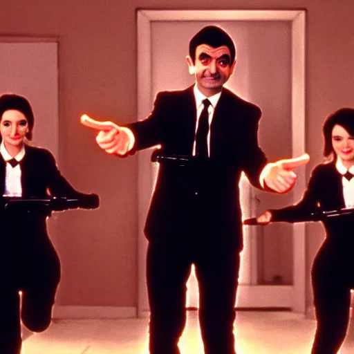 Image similar to mr. bean as one of charlies angels. movie still. cinematic lighting.