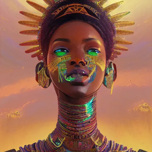 Image similar to highly detailed portrait of an african neon egyptian goddess, intricate alien technology, stephen bliss, unreal engine, fantasy art by greg rutkowski, loish, rhads, ferdinand knab, makoto shinkai and lois van baarle, ilya kuvshinov, rossdraws, tom bagshaw, global illumination, radiant light, detailed and intricate environment