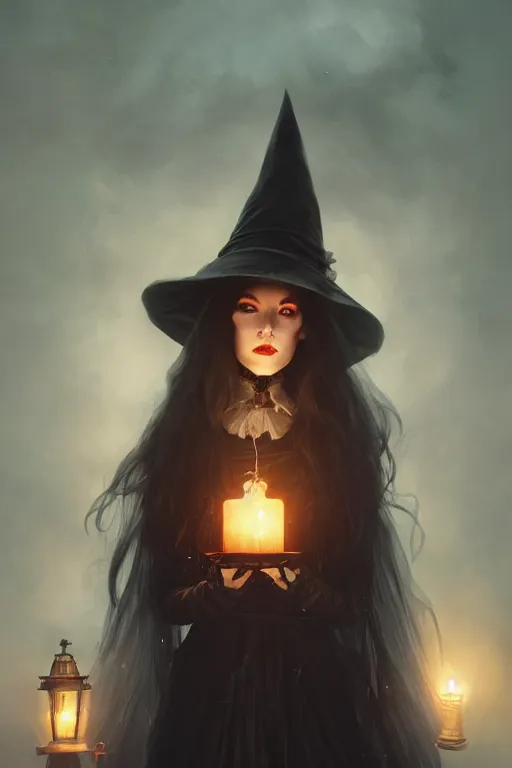 Prompt: portrait of a ghoulish victorian witch dark cheekbones holding a lantern, halloween night, charlie bowater, artgerm, ilya kuvshinov, krenz cushart, ruan jia, realism, ultra detailed, 8 k resolution