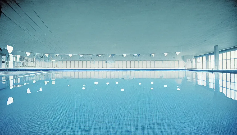 Image similar to 1 9 6 0 s movie still of empty blue tiles swimmingpool, cinestill 8 0 0 t 3 5 mm, high quality, heavy grain, high detail, panoramic, ultra wide lens, cinematic composition, dramatic light, flares, anamorphic