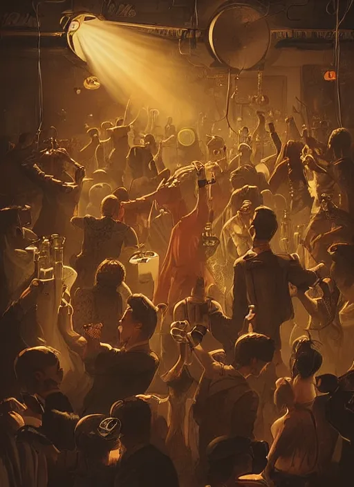 Prompt: “Close-up of party with lots of people dancing happily with bottles in their hands in steampunk styled disco. Spotlights and smoke. Artstation. Dark, highly detailed. In style of Mike Savad.”