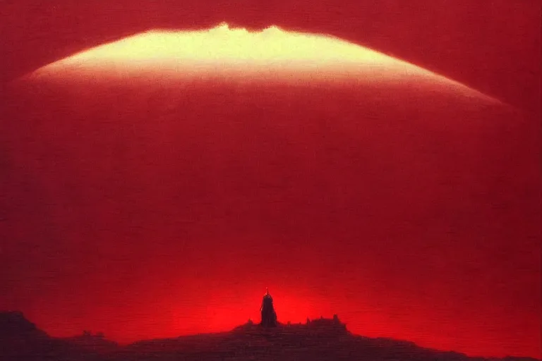 Image similar to only with red, a red shinigami eat apple, a city on mars in background, an ancient path, pathos, in the style of beksinski, part by hopper, part by rodcenko, part by hofbauer, intricate composition, red by caravaggio, insanely quality, highly detailed, masterpiece, red light, artstation