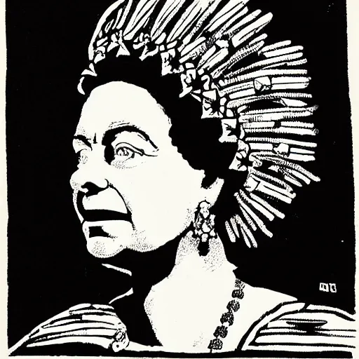 Image similar to queen elizabeth wearing herero headdress, lino print