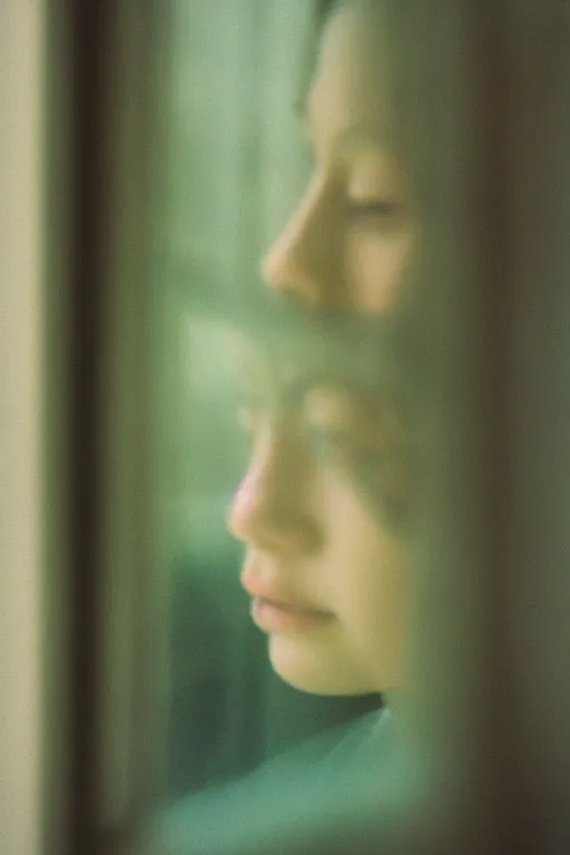 Image similar to kodak portra 4 0 0 photograph of a person looking out through their window, eyes, beautiful eyes, stunning eyes, close up, telephoto, faded effect, grain,