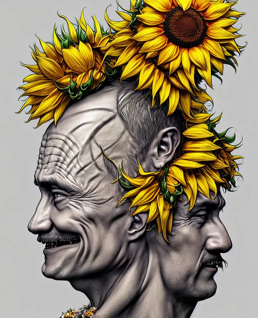 Image similar to digital art, centered full body of Putin smiling king, Sunflower crown, ,intricate, veins, by James Jean and by artgerm , by ross tran ultradetailed, charachter design, concept art, trending on artstation,