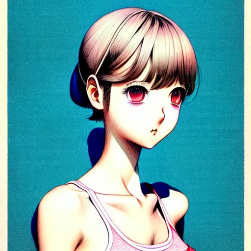 Image similar to richly detailed color  illustration of a dainty pretty young woman wearing a tank top, 'go-go' is the theme, very soft shadowing, smooth textures, large scale image. art by Range Murata.