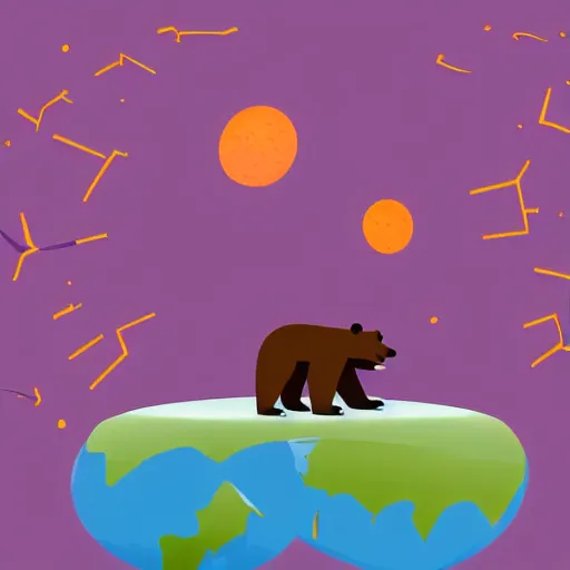 Image similar to cartoon illustration of a bear mascot being launched from a futuristic marble planet, purple and orange cloudland