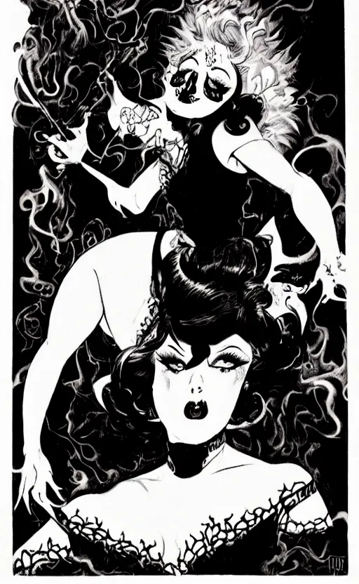 Image similar to of a goth girl burlesque psychobilly, rockabilly, punk, black hair, detailed face, white background, drawing, zoomed out, full body, illustration by frank frazetta