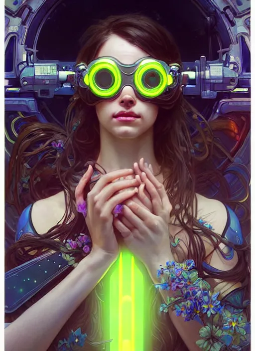 Image similar to lovely woman wearing futuristic goggles in distress, neon flowers, ultra realistic, concept art, intricate details, eerie, highly detailed, photorealistic, 8 k, unreal engine. art by artgerm and greg rutkowski and magali villeneuve, alphonse mucha