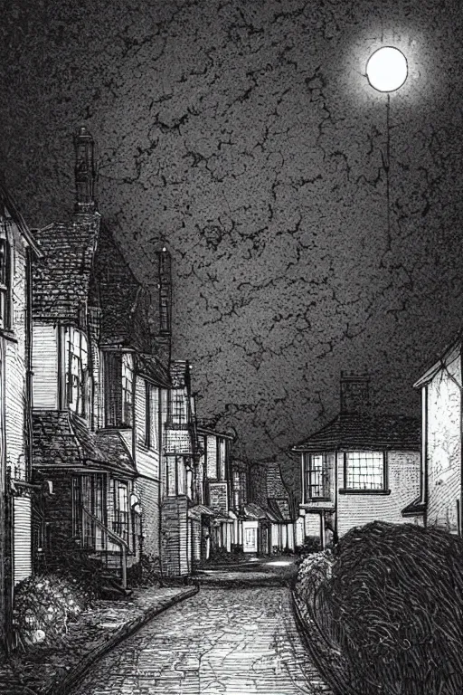 Prompt: suburban street in the uk, at night, by kim jung gi