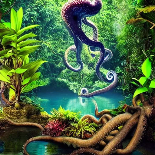 Image similar to a jungle, river with low hanging plants, flowers on the water, there is a giant octopus climbing up a tree, great photography, ambient light