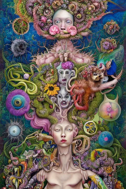 Prompt: hyper - maximalist overdetailed painting by hannah yata caitlin hacket. artstation. deviantart. cgsociety. inspired by hieranonymus bosch and heidi taillefer. surrealism infused lowbrow style. visionary psychedelic fineart. hyperdetailed high resolution render by binx. ly in discodiffusion. dreamlike polished render by machine. delusions. sharp focus.