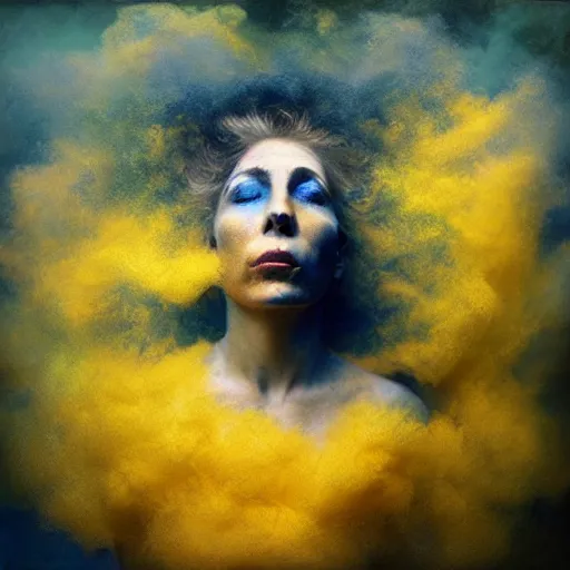 Image similar to crying woman, covered in yellow and blue clouds, by kim keever