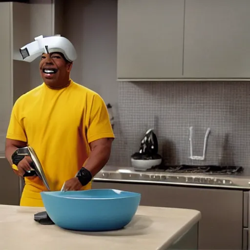 Image similar to Geordi LaForge wearing visor and a colander and random kitchen tools on his head